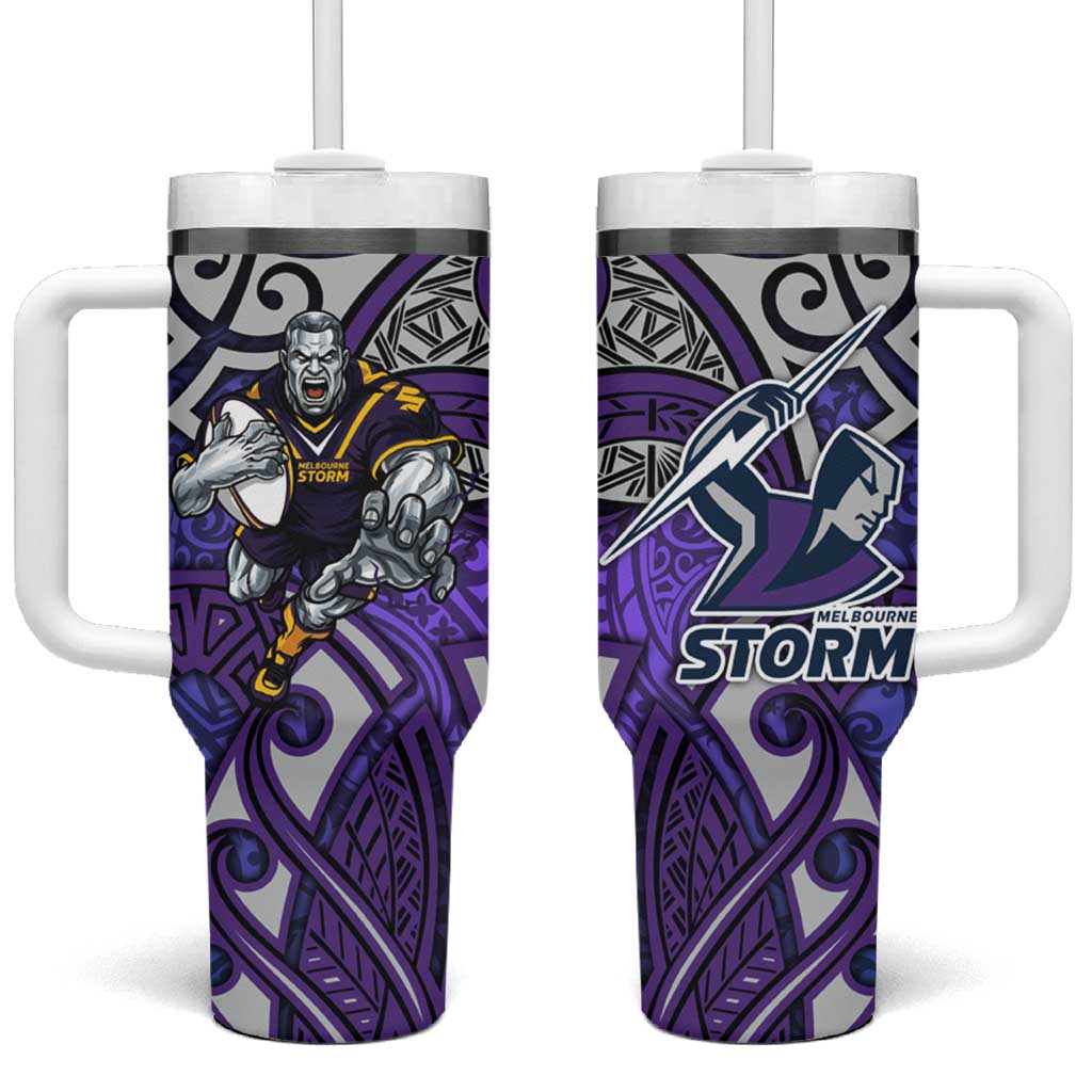 Melbourne Storm Rugby Tumbler With Handle Polynesian Tribal Warrior Lightning Purple Pattern