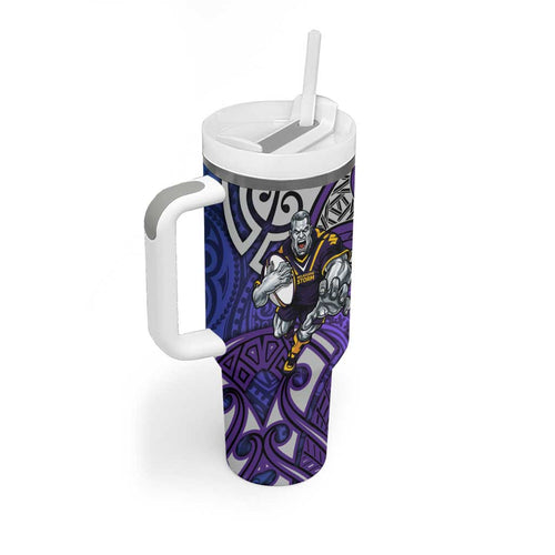 Melbourne Storm Rugby Tumbler With Handle Polynesian Tribal Warrior Lightning Purple Pattern