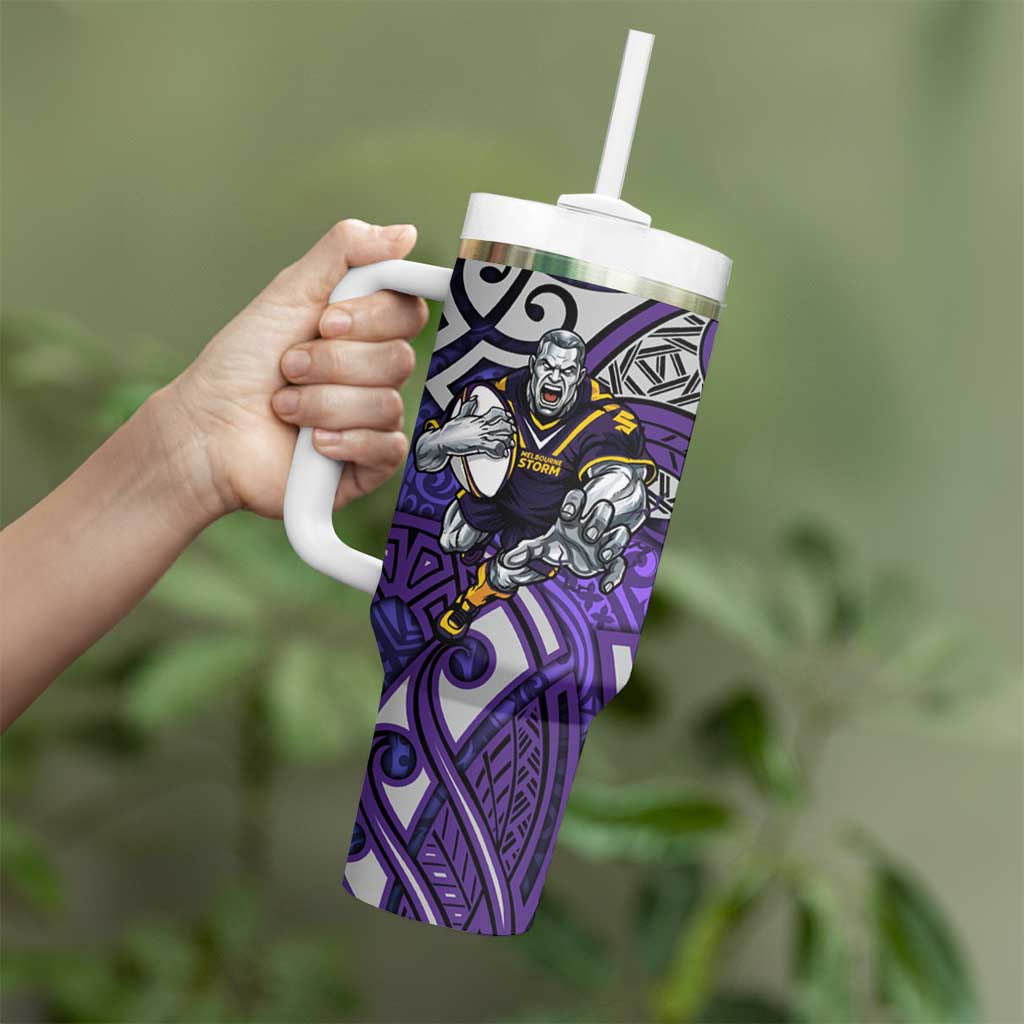 Melbourne Storm Rugby Tumbler With Handle Polynesian Tribal Warrior Lightning Purple Pattern