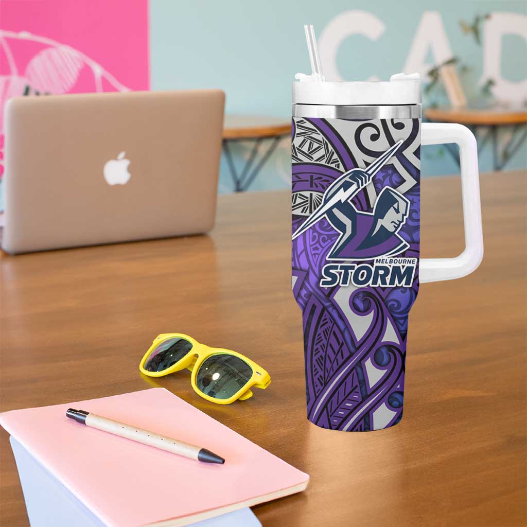 Melbourne Storm Rugby Tumbler With Handle Polynesian Tribal Warrior Lightning Purple Pattern