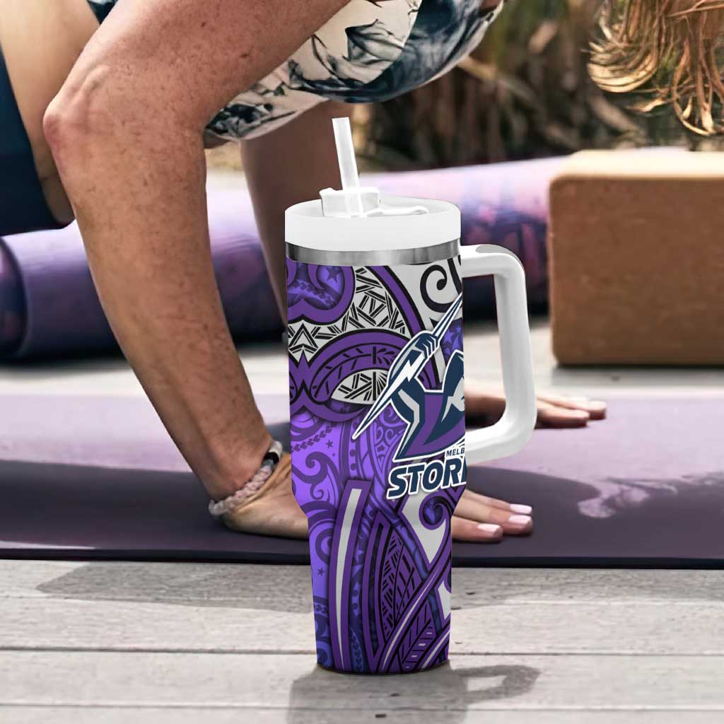 Melbourne Storm Rugby Tumbler With Handle Polynesian Tribal Warrior Lightning Purple Pattern