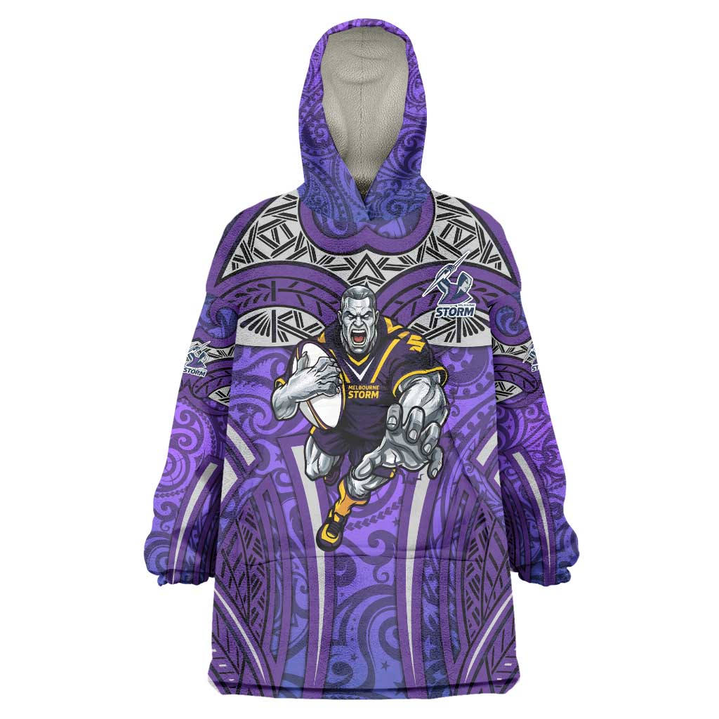 Melbourne Storm Rugby Wearable Blanket Hoodie Polynesian Tribal Warrior Lightning Purple Pattern