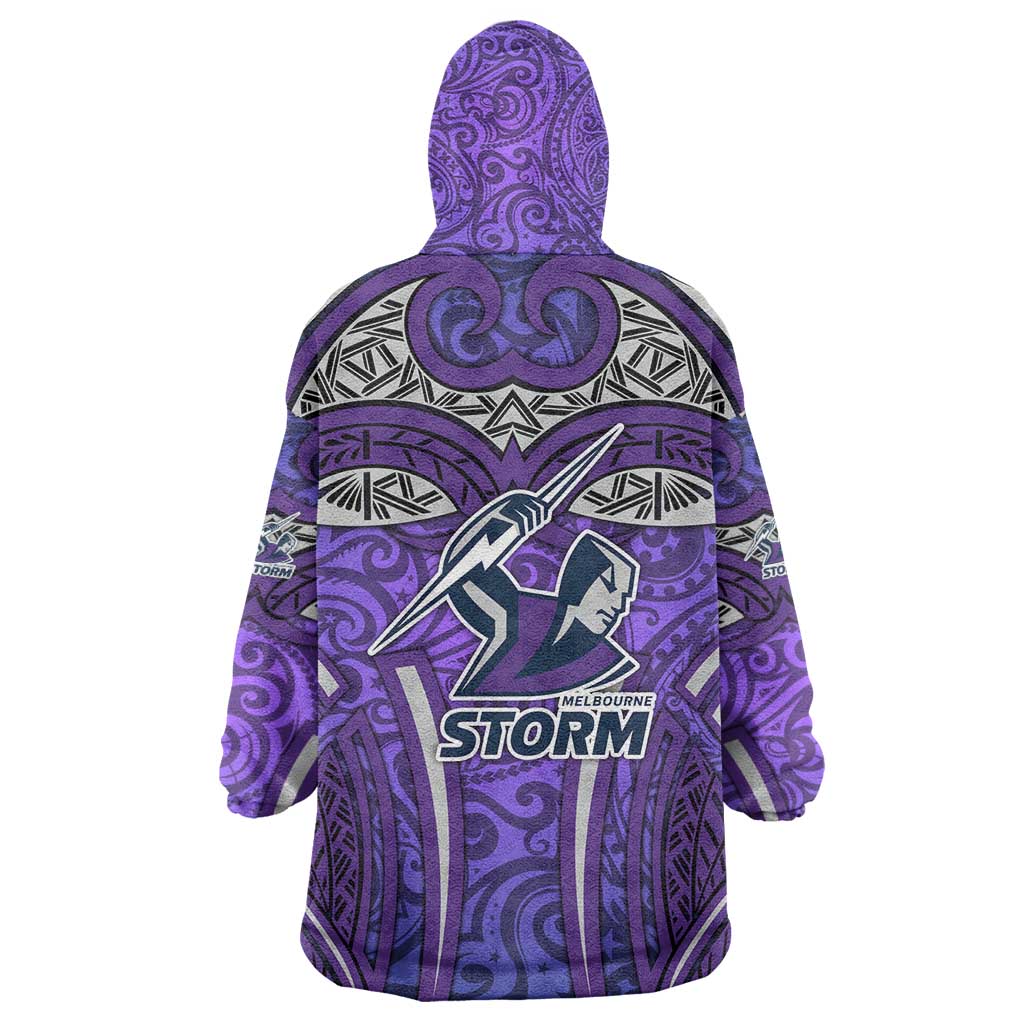 Melbourne Storm Rugby Wearable Blanket Hoodie Polynesian Tribal Warrior Lightning Purple Pattern