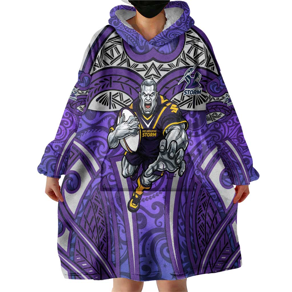 Melbourne Storm Rugby Wearable Blanket Hoodie Polynesian Tribal Warrior Lightning Purple Pattern