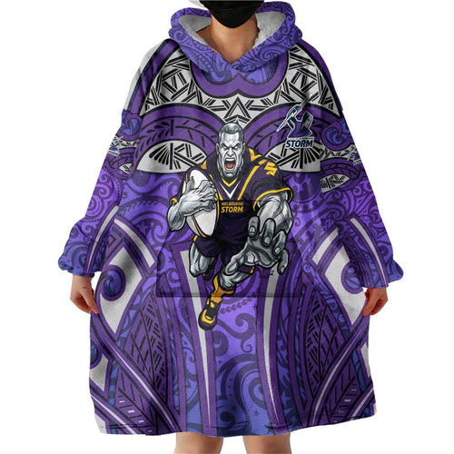 Melbourne Storm Rugby Wearable Blanket Hoodie Polynesian Tribal Warrior Lightning Purple Pattern