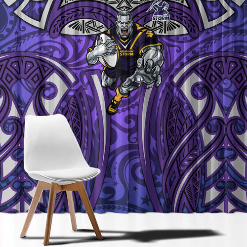 Melbourne Storm Rugby Window Curtain Polynesian Tribal Warrior Lightning Purple Pattern