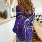 Melbourne Storm Rugby Women Casual Shirt Polynesian Tribal Warrior Lightning Purple Pattern