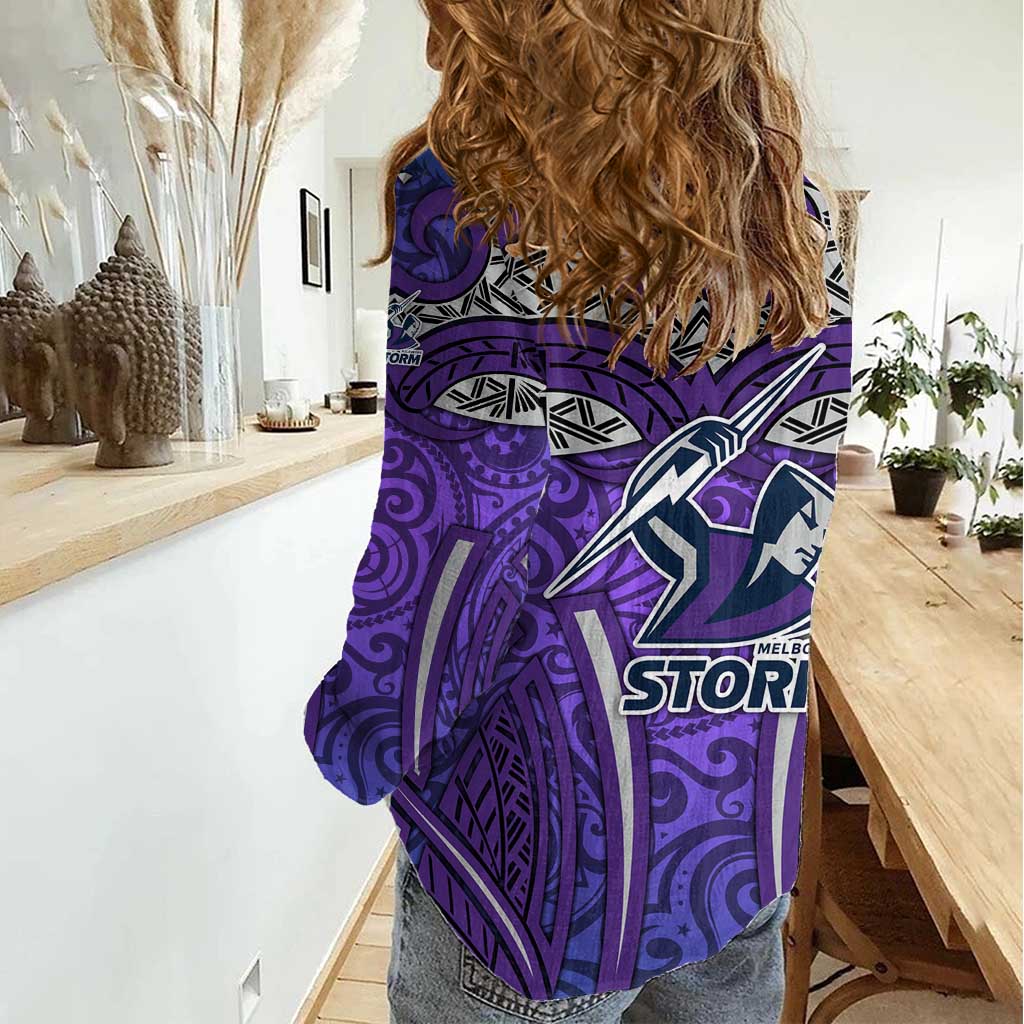 Melbourne Storm Rugby Women Casual Shirt Polynesian Tribal Warrior Lightning Purple Pattern