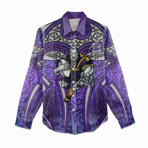 Melbourne Storm Rugby Women Casual Shirt Polynesian Tribal Warrior Lightning Purple Pattern