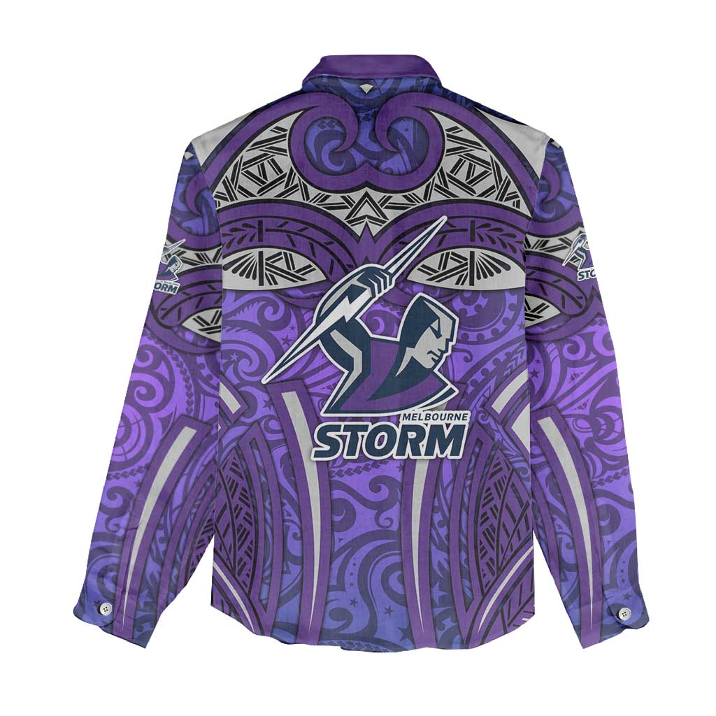 Melbourne Storm Rugby Women Casual Shirt Polynesian Tribal Warrior Lightning Purple Pattern