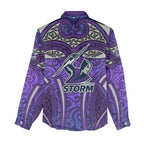 Melbourne Storm Rugby Women Casual Shirt Polynesian Tribal Warrior Lightning Purple Pattern