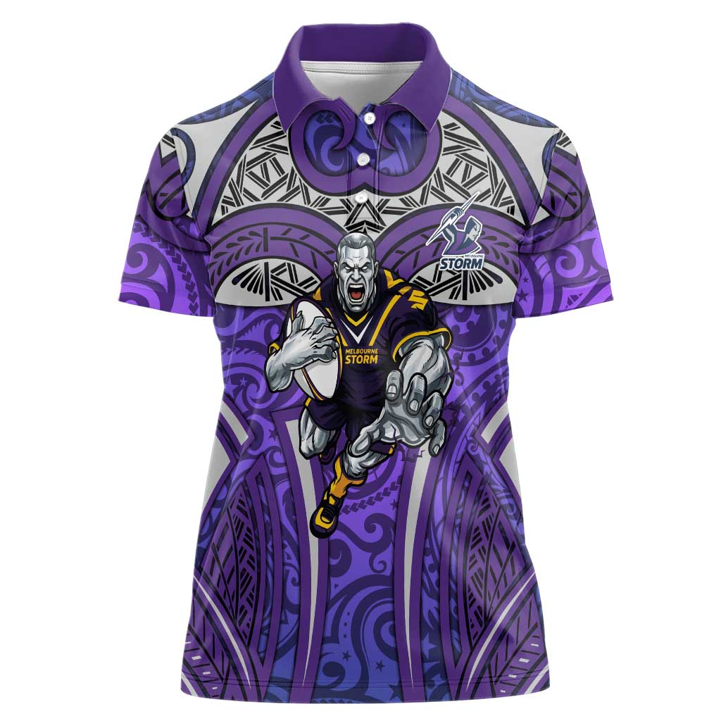 Melbourne Storm Rugby Women Polo Shirt Polynesian Tribal Warrior Lightning Purple Pattern