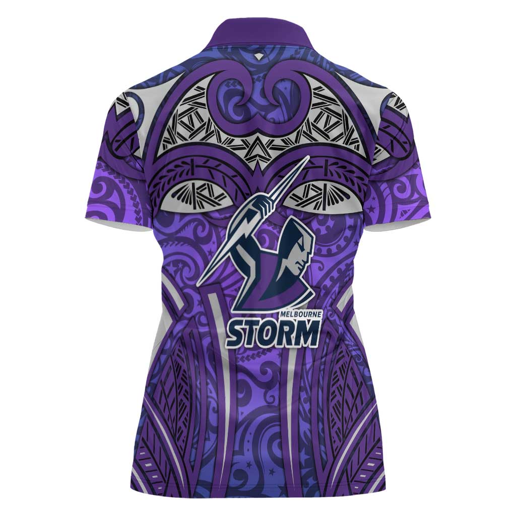 Melbourne Storm Rugby Women Polo Shirt Polynesian Tribal Warrior Lightning Purple Pattern