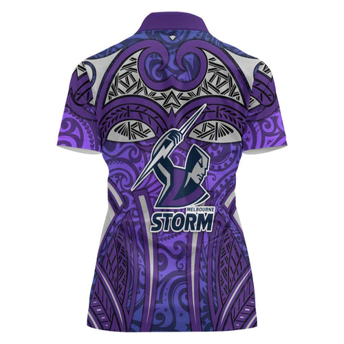 Melbourne Storm Rugby Women Polo Shirt Polynesian Tribal Warrior Lightning Purple Pattern
