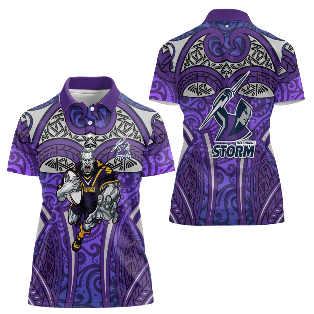 Melbourne Storm Rugby Women Polo Shirt Polynesian Tribal Warrior Lightning Purple Pattern