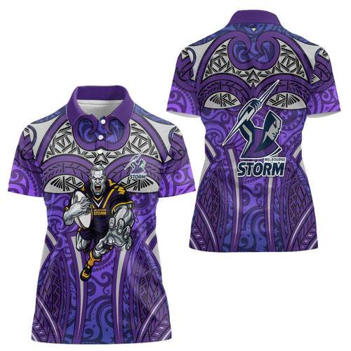 Melbourne Storm Rugby Women Polo Shirt Polynesian Tribal Warrior Lightning Purple Pattern