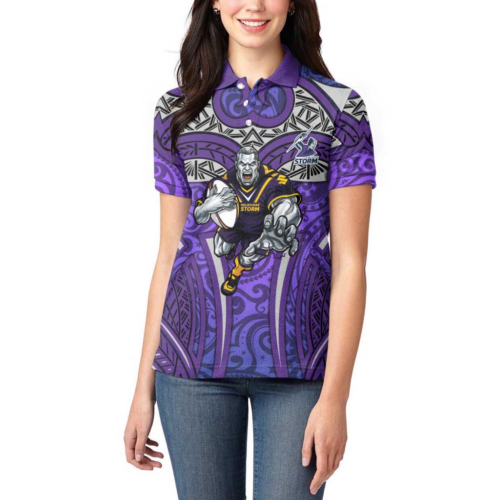 Melbourne Storm Rugby Women Polo Shirt Polynesian Tribal Warrior Lightning Purple Pattern