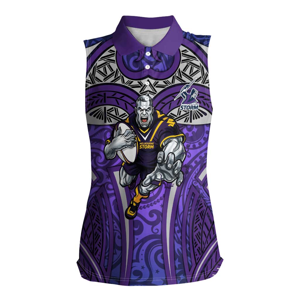 Melbourne Storm Rugby Women Sleeveless Polo Shirt Polynesian Tribal Warrior Lightning Purple Pattern
