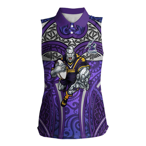 Melbourne Storm Rugby Women Sleeveless Polo Shirt Polynesian Tribal Warrior Lightning Purple Pattern