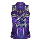 Melbourne Storm Rugby Women Sleeveless Polo Shirt Polynesian Tribal Warrior Lightning Purple Pattern