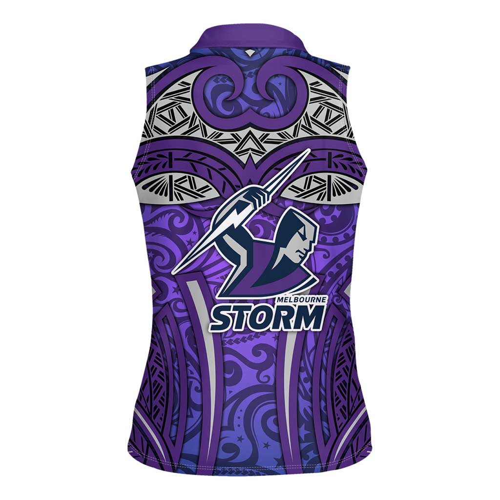 Melbourne Storm Rugby Women Sleeveless Polo Shirt Polynesian Tribal Warrior Lightning Purple Pattern