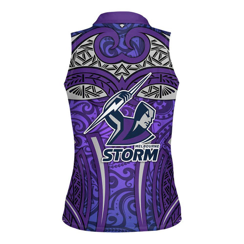 Melbourne Storm Rugby Women Sleeveless Polo Shirt Polynesian Tribal Warrior Lightning Purple Pattern