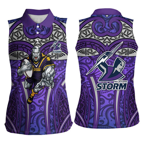 Melbourne Storm Rugby Women Sleeveless Polo Shirt Polynesian Tribal Warrior Lightning Purple Pattern