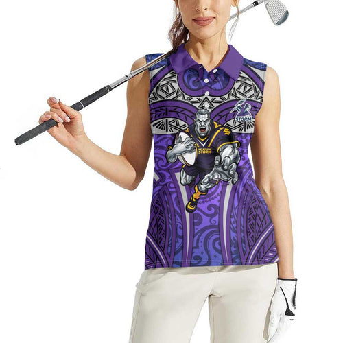 Melbourne Storm Rugby Women Sleeveless Polo Shirt Polynesian Tribal Warrior Lightning Purple Pattern