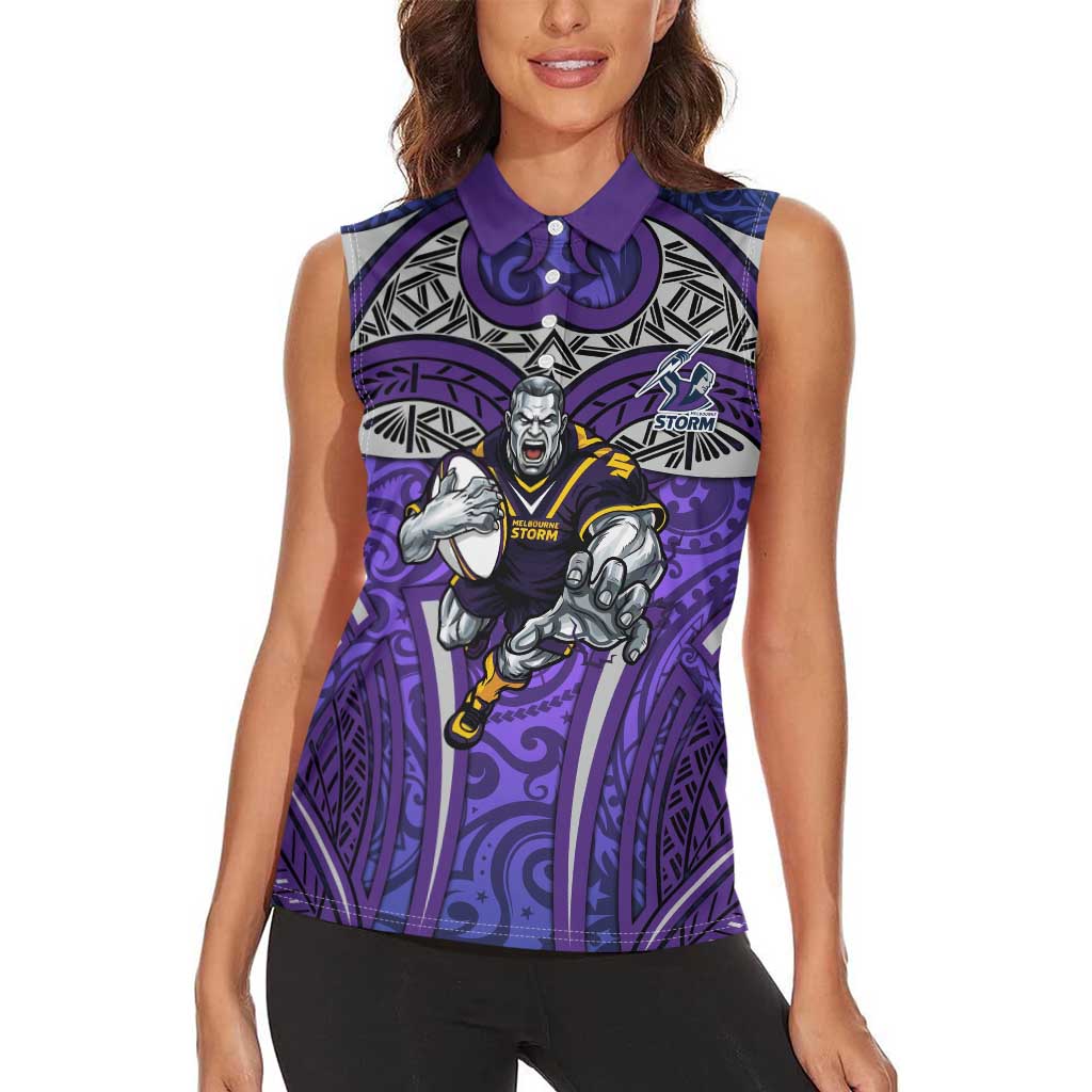 Melbourne Storm Rugby Women Sleeveless Polo Shirt Polynesian Tribal Warrior Lightning Purple Pattern
