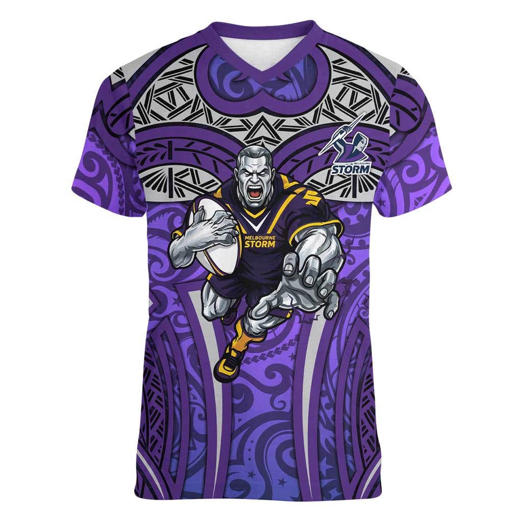 Melbourne Storm Rugby Women V-Neck T-Shirt Polynesian Tribal Warrior Lightning Purple Pattern