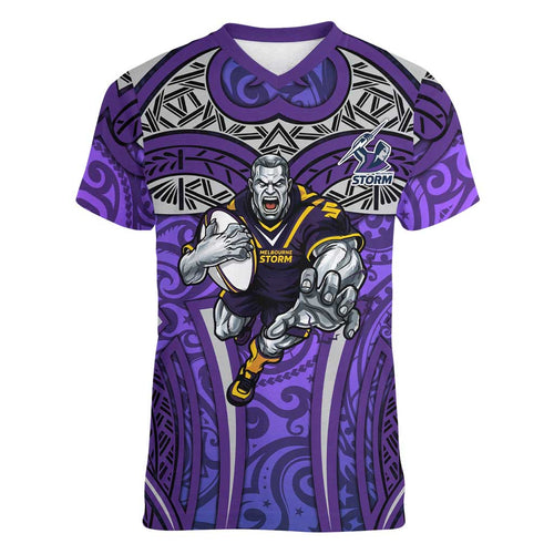 Melbourne Storm Rugby Women V-Neck T-Shirt Polynesian Tribal Warrior Lightning Purple Pattern
