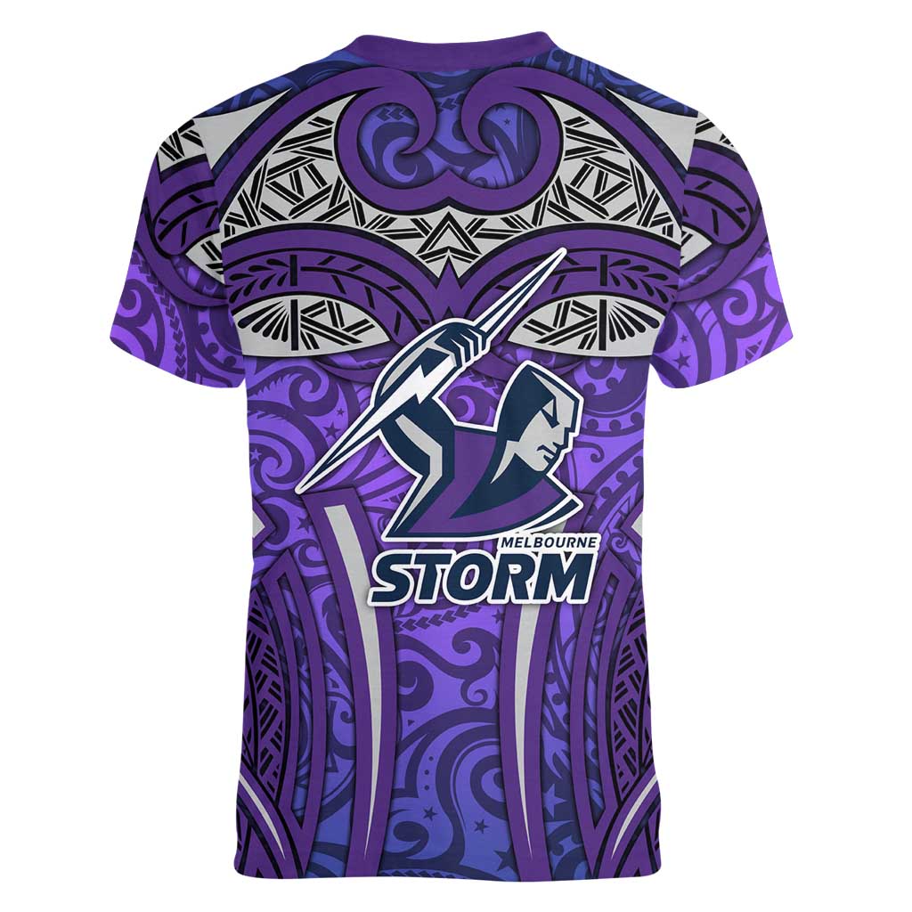 Melbourne Storm Rugby Women V-Neck T-Shirt Polynesian Tribal Warrior Lightning Purple Pattern