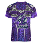 Melbourne Storm Rugby Women V-Neck T-Shirt Polynesian Tribal Warrior Lightning Purple Pattern