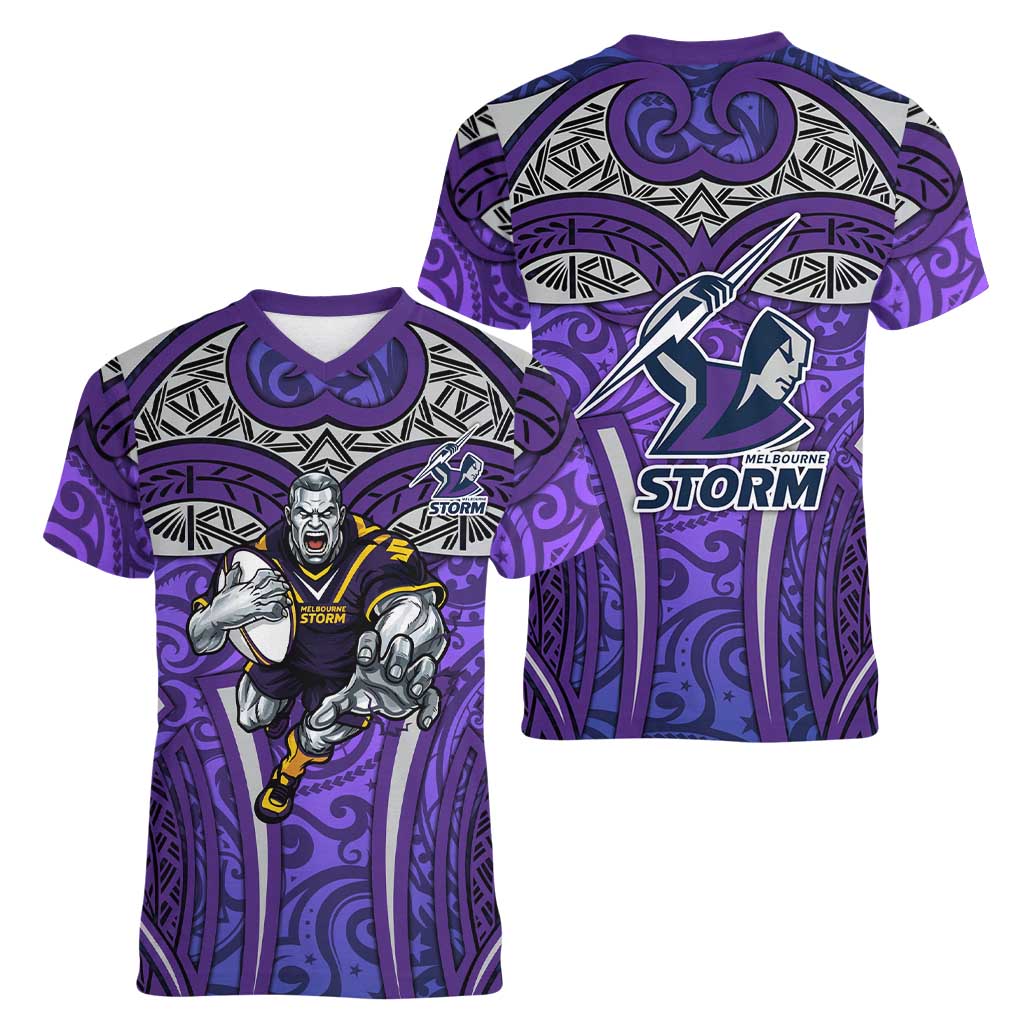Melbourne Storm Rugby Women V-Neck T-Shirt Polynesian Tribal Warrior Lightning Purple Pattern