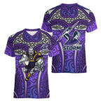 Melbourne Storm Rugby Women V-Neck T-Shirt Polynesian Tribal Warrior Lightning Purple Pattern