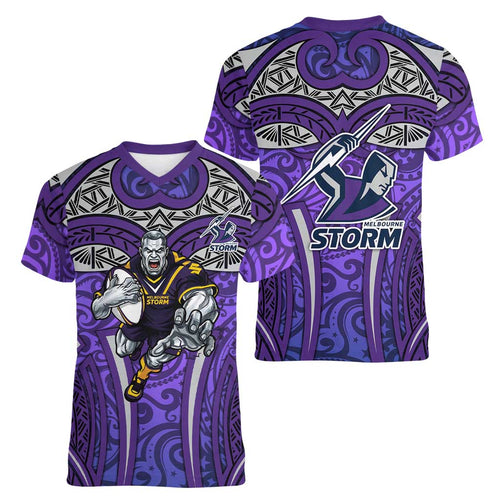 Melbourne Storm Rugby Women V-Neck T-Shirt Polynesian Tribal Warrior Lightning Purple Pattern
