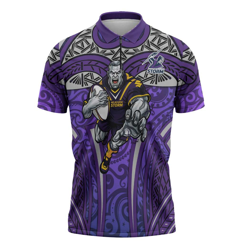 Melbourne Storm Rugby Zipper Polo Shirt Polynesian Tribal Warrior Lightning Purple Pattern