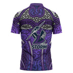 Melbourne Storm Rugby Zipper Polo Shirt Polynesian Tribal Warrior Lightning Purple Pattern