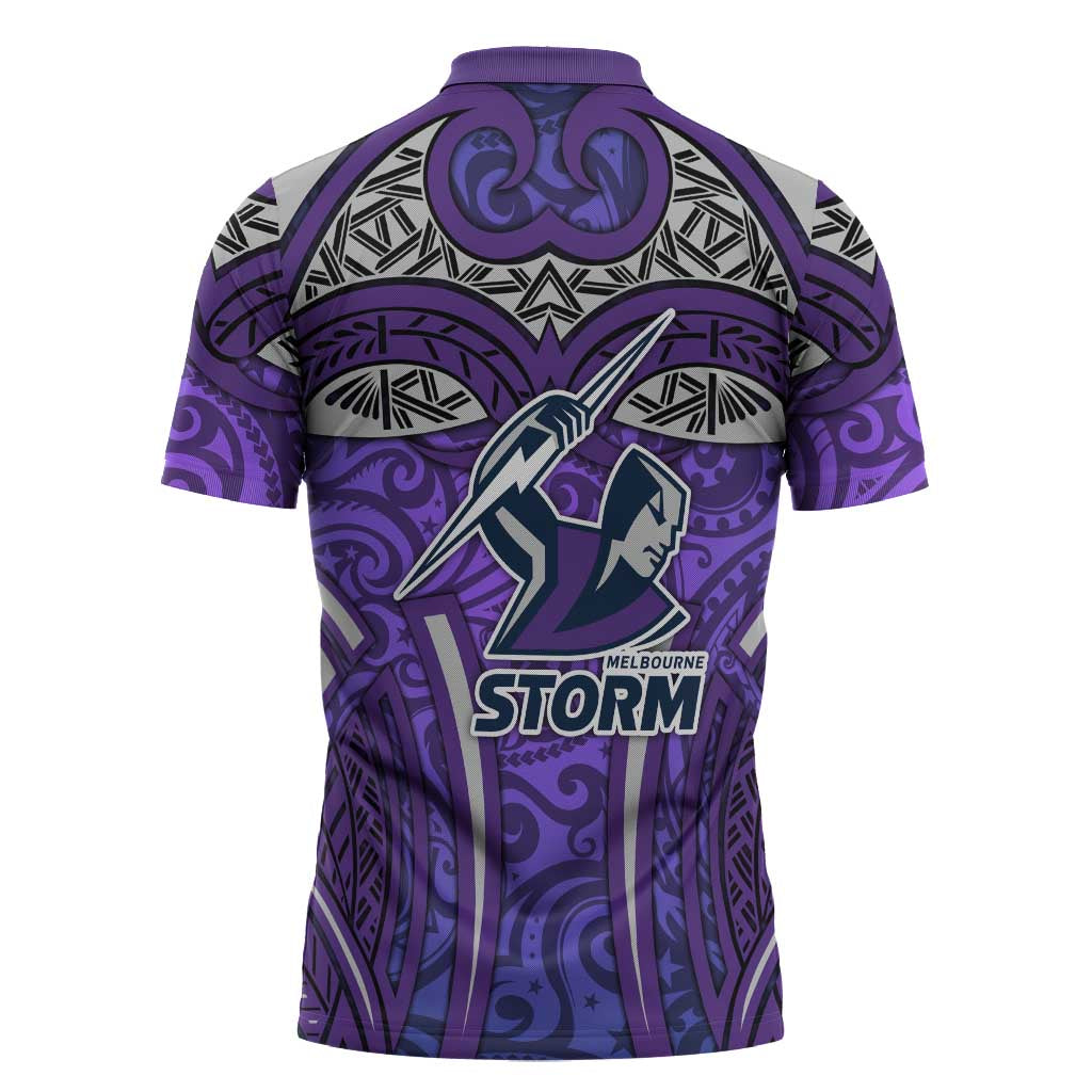 Melbourne Storm Rugby Zipper Polo Shirt Polynesian Tribal Warrior Lightning Purple Pattern
