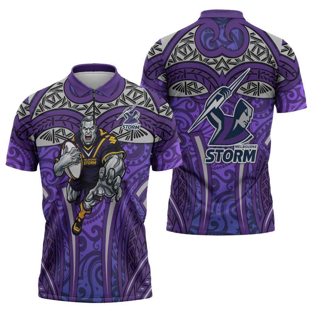 Melbourne Storm Rugby Zipper Polo Shirt Polynesian Tribal Warrior Lightning Purple Pattern