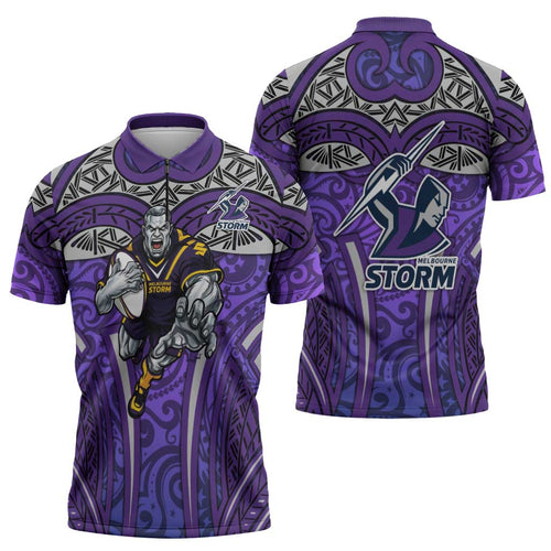 Melbourne Storm Rugby Zipper Polo Shirt Polynesian Tribal Warrior Lightning Purple Pattern