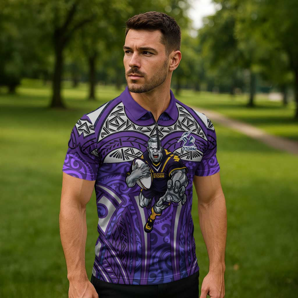 Melbourne Storm Rugby Zipper Polo Shirt Polynesian Tribal Warrior Lightning Purple Pattern