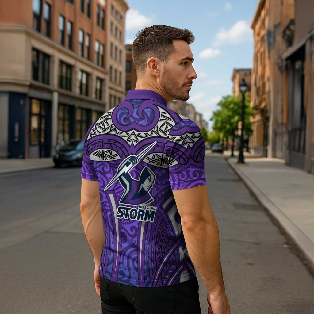 Melbourne Storm Rugby Zipper Polo Shirt Polynesian Tribal Warrior Lightning Purple Pattern