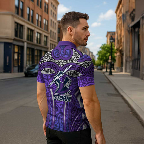 Melbourne Storm Rugby Zipper Polo Shirt Polynesian Tribal Warrior Lightning Purple Pattern