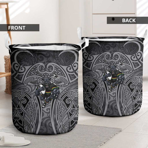Penrith Panthers Rugby Laundry Basket Polynesian Tribal Panther Warrior Black Grey Pattern
