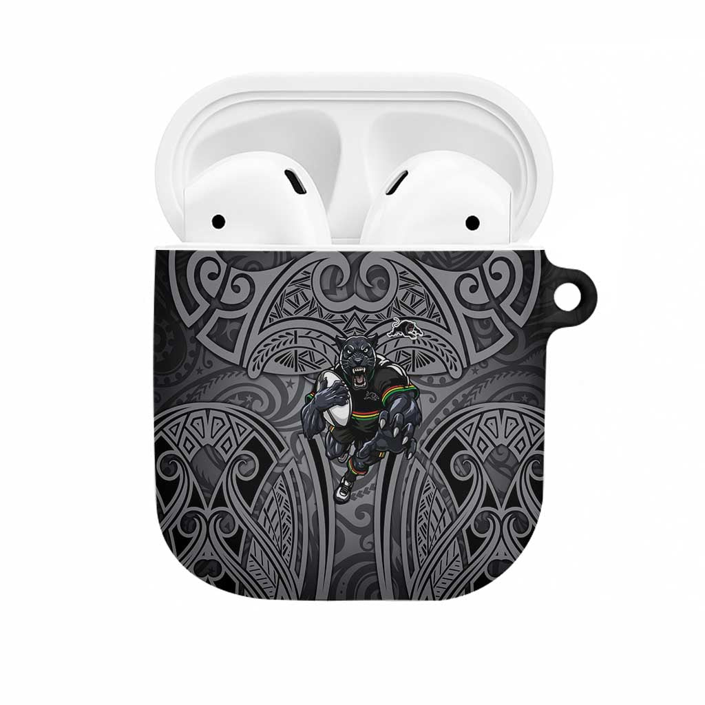 Penrith Panthers Rugby AirPods Case Polynesian Tribal Panther Warrior Black Grey Pattern