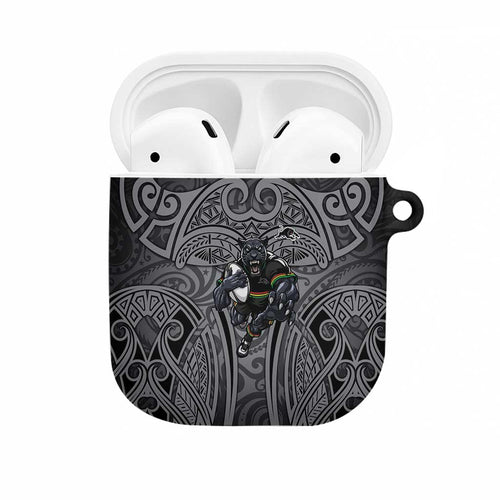 Penrith Panthers Rugby AirPods Case Polynesian Tribal Panther Warrior Black Grey Pattern