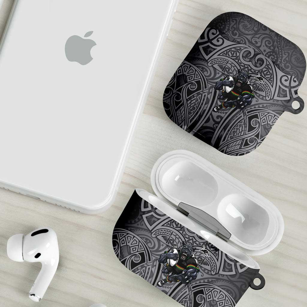 Penrith Panthers Rugby AirPods Case Polynesian Tribal Panther Warrior Black Grey Pattern