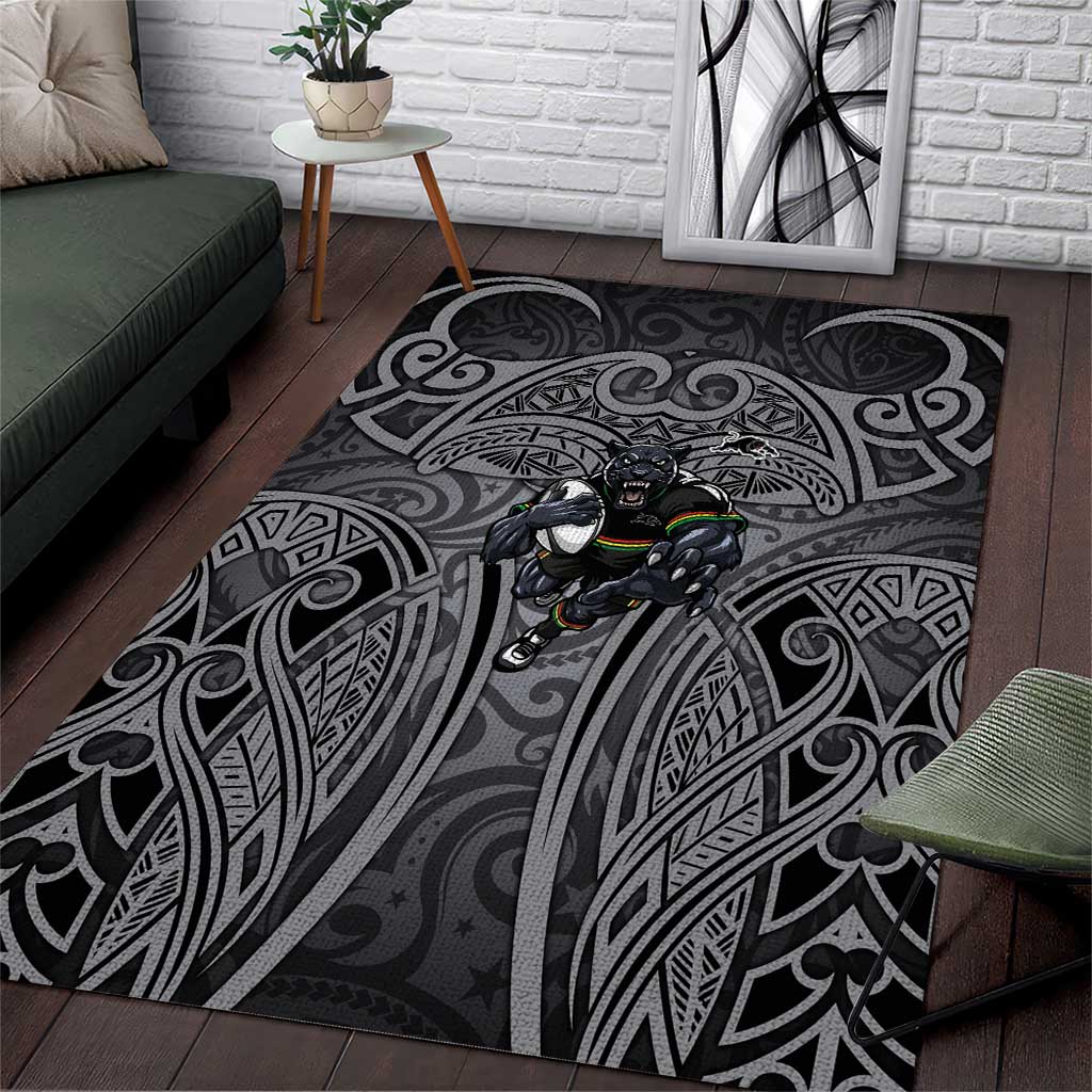 Penrith Panthers Rugby Area Rug Polynesian Tribal Panther Warrior Black Grey Pattern