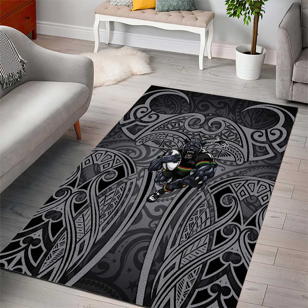 Penrith Panthers Rugby Area Rug Polynesian Tribal Panther Warrior Black Grey Pattern